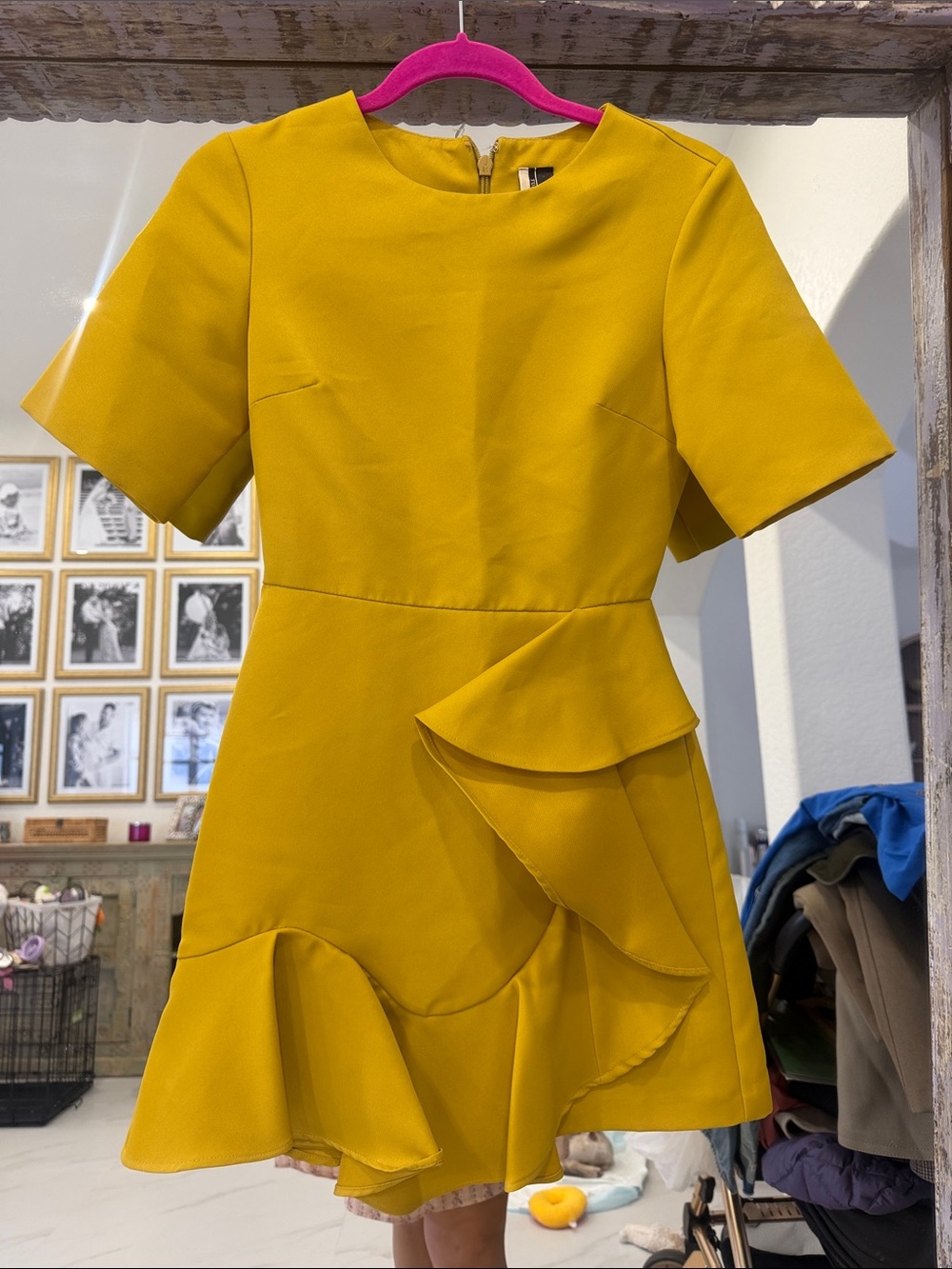 Topshop Mustard Ruffle-Accent Structured Mini Dress